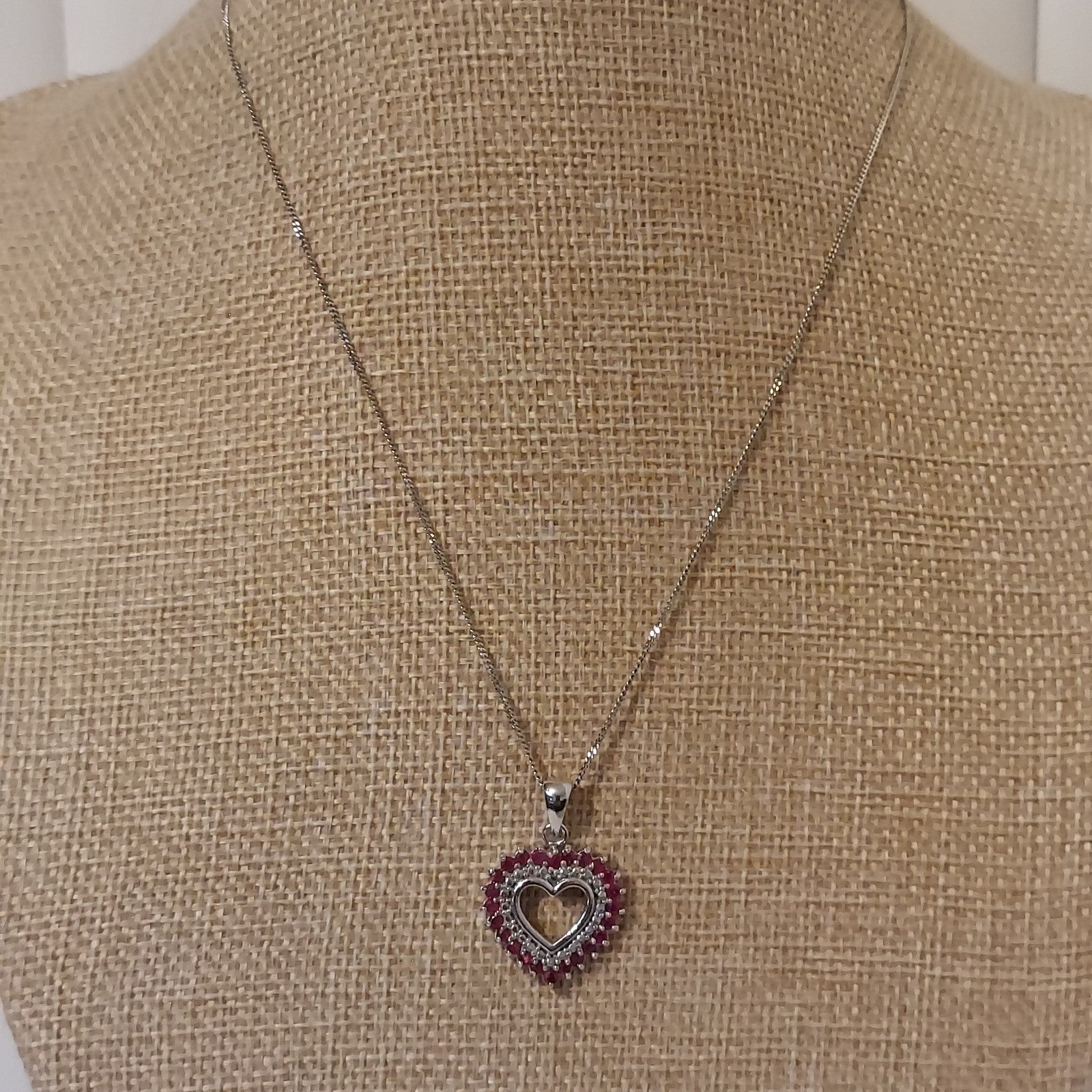 Italian 925 Sterling Silver & Red Rubies 3/4" Heart Pendant 16" Necklace